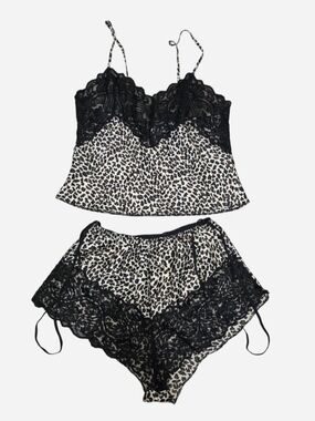 Leopard Lace Cami & Shorts Pajama Set - Black/Beige/Brown